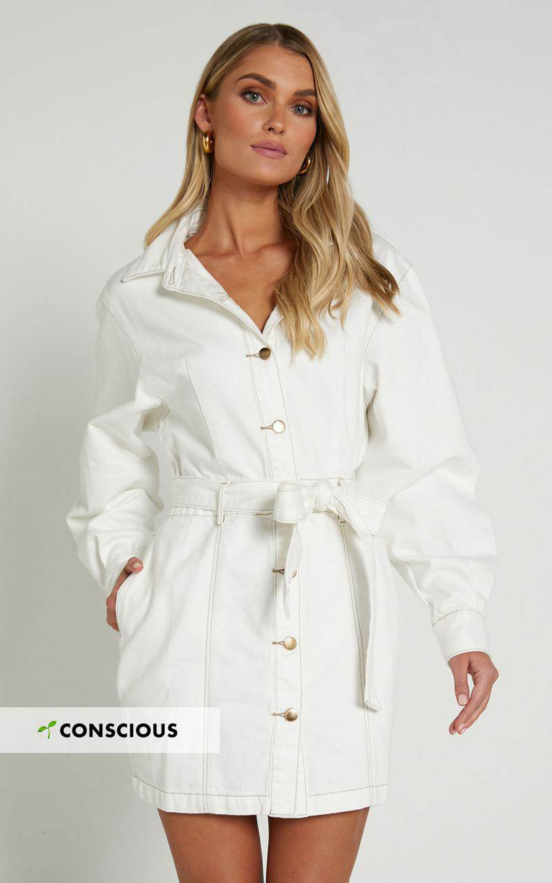 Showpo Desi Mini Dress - Long Sleeve Collared Button Through Denim Dress Off White | AWTMYF346