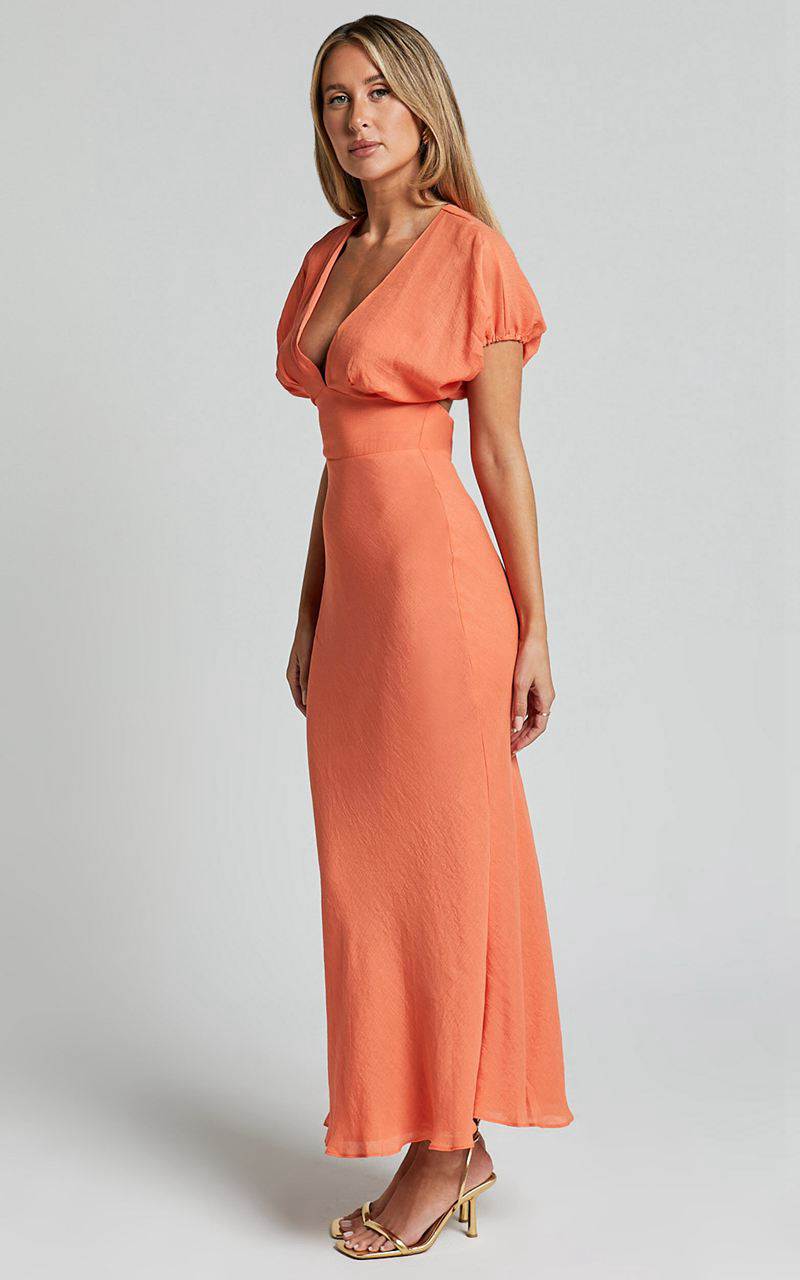 Showpo Desiree Maxi Dress - V Neck Flutter Short Sleeve Slip Dress Orange | BEFSTC152