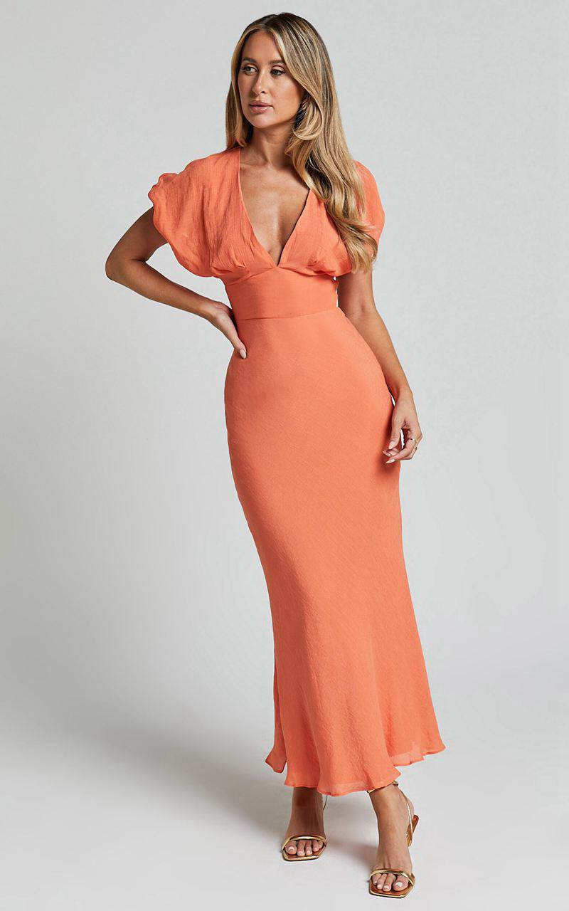 Showpo Desiree Maxi Dress - V Neck Flutter Short Sleeve Slip Dress Orange | BEFSTC152