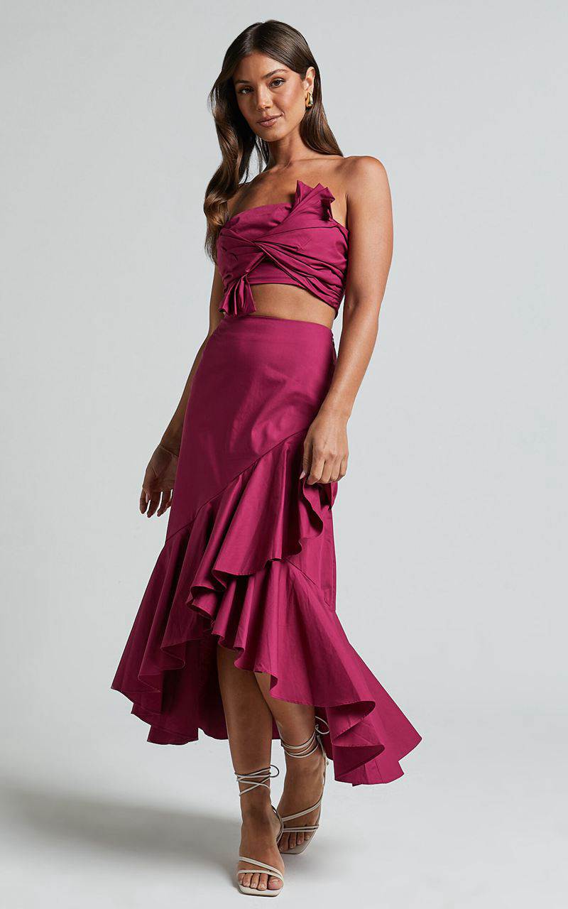 Showpo Destiny Two Piece Set - Knot Detail Crop Top And Ruffle Maxi Skirt Set Plum | BCEJWU690