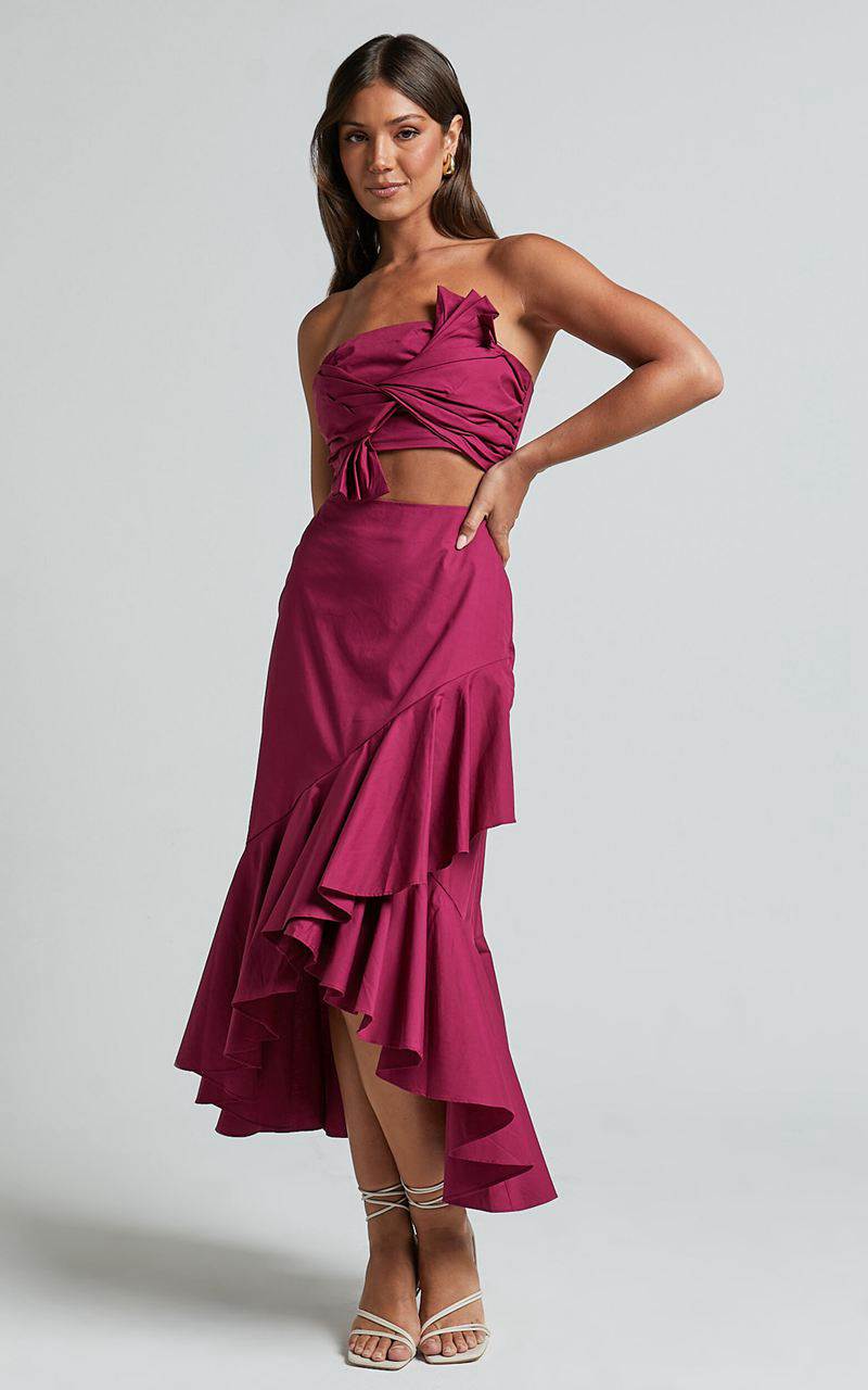 Showpo Destiny Two Piece Set - Knot Detail Crop Top And Ruffle Maxi Skirt Set Plum | BCEJWU690