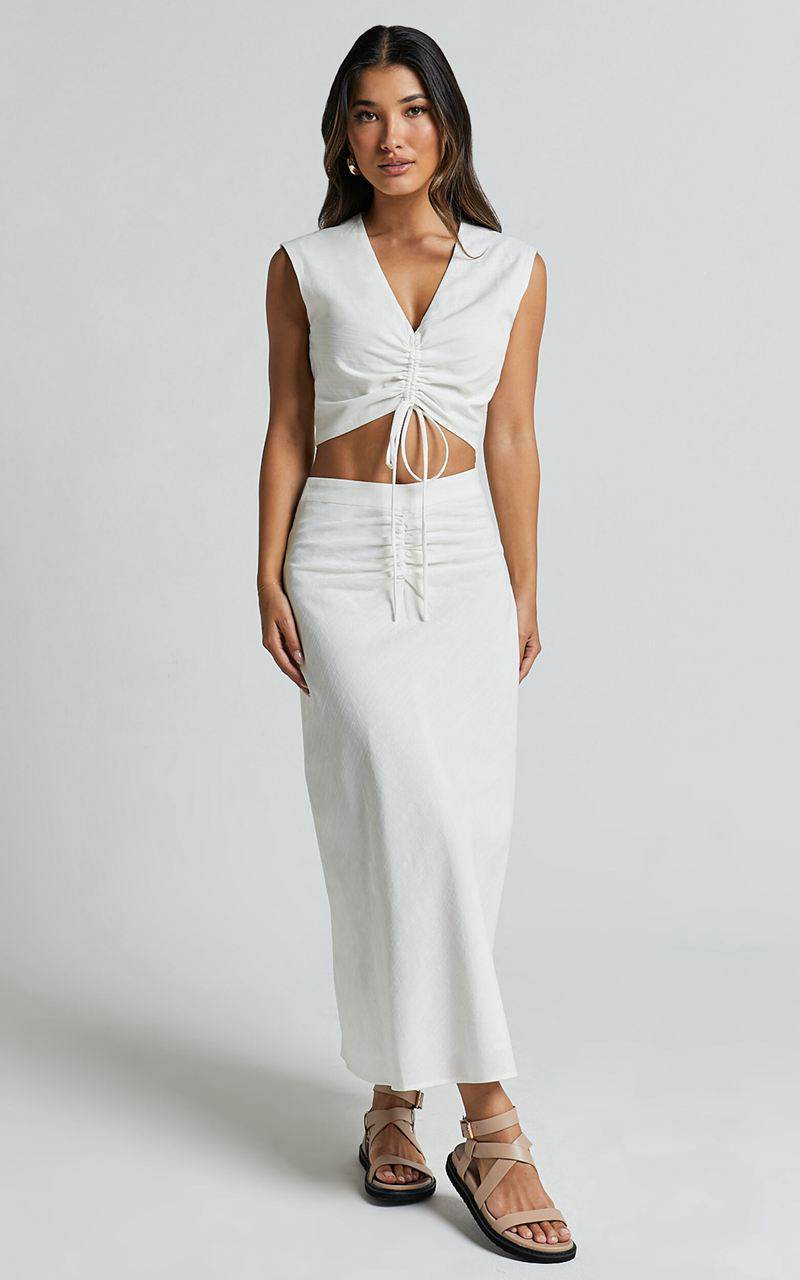 Showpo Devan Two Piece Set - Ruched Crop Top And A Line Midi Skirt Set White | YURLPX716