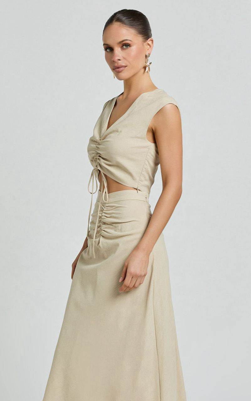 Showpo Devan Two Piece Set - Ruched Crop Top And A Line Midi Skirt Set Sand | UBHIGS107