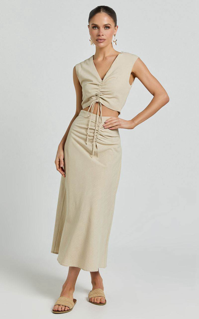 Showpo Devan Two Piece Set - Ruched Crop Top And A Line Midi Skirt Set Sand | UBHIGS107