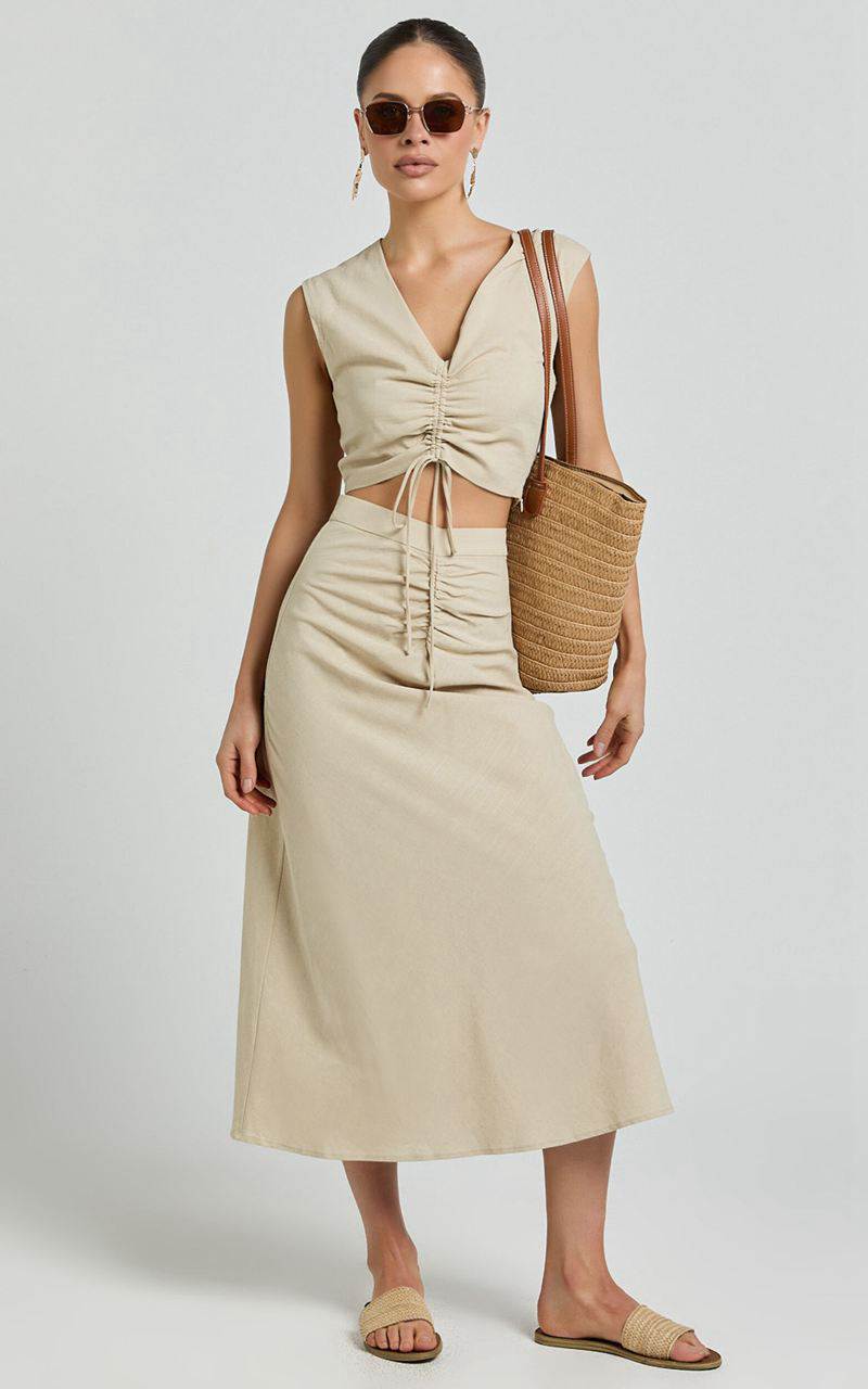 Showpo Devan Two Piece Set - Ruched Crop Top And A Line Midi Skirt Set Sand | UBHIGS107