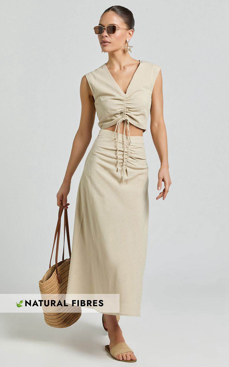 Showpo Devan Two Piece Set - Ruched Crop Top And A Line Midi Skirt Set Sand | UBHIGS107