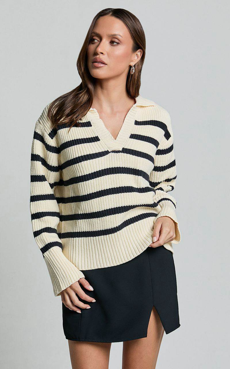 Showpo Devon Jumper - Open Collar V Neck Stripe Knit Jumper Black & Cream Stripe | UNRZIV849