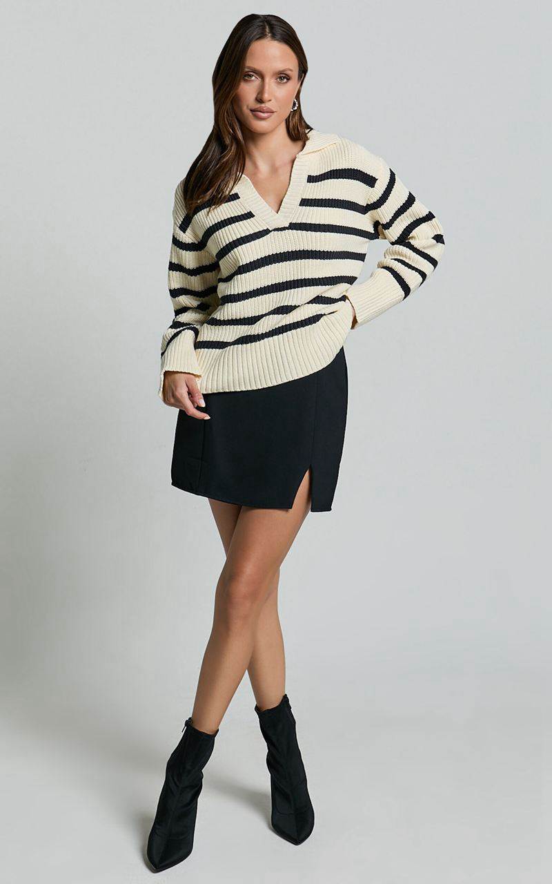 Showpo Devon Jumper - Open Collar V Neck Stripe Knit Jumper Black & Cream Stripe | UNRZIV849