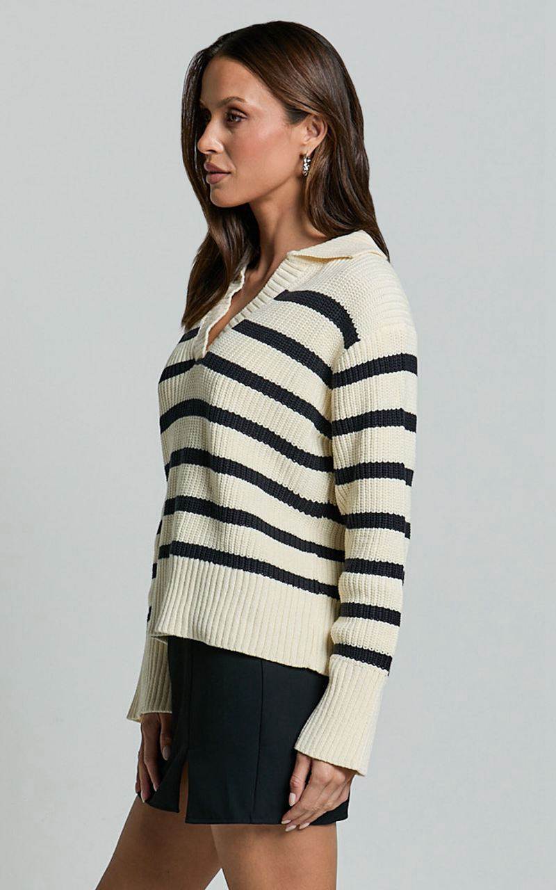 Showpo Devon Jumper - Open Collar V Neck Stripe Knit Jumper Black & Cream Stripe | UNRZIV849