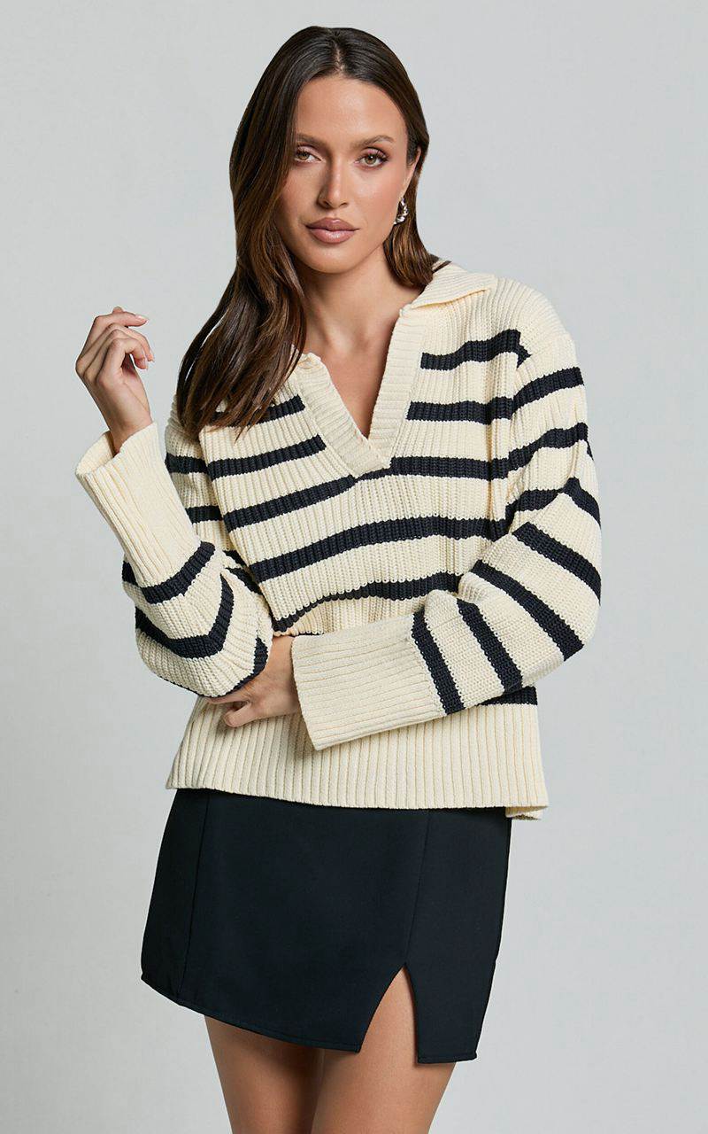 Showpo Devon Jumper - Open Collar V Neck Stripe Knit Jumper Black & Cream Stripe | UNRZIV849