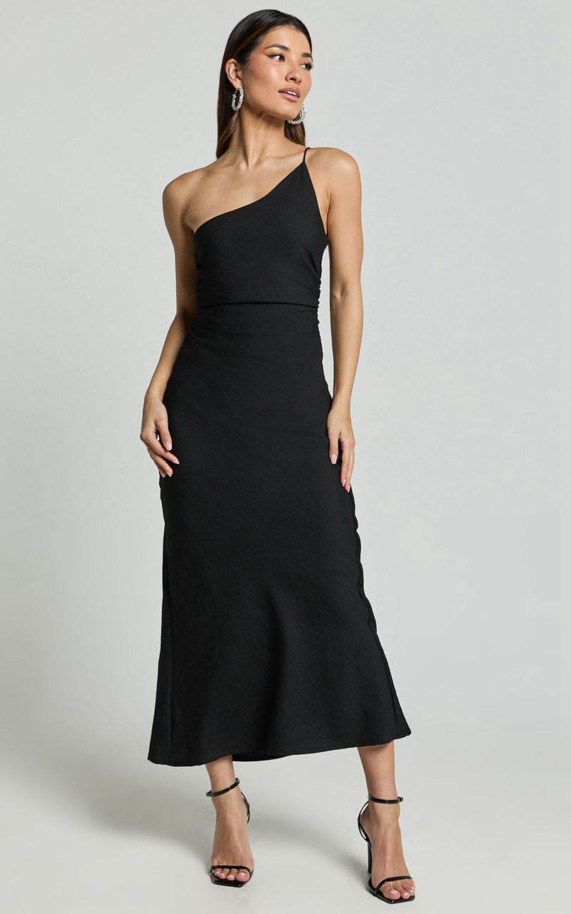 Showpo Devon Maxi Dress - One Shoulder Slip Dress Black | CNIPZR156