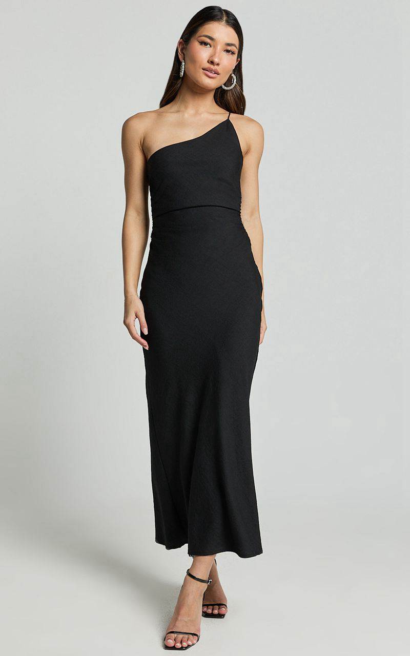 Showpo Devon Maxi Dress - One Shoulder Slip Dress Black | CNIPZR156