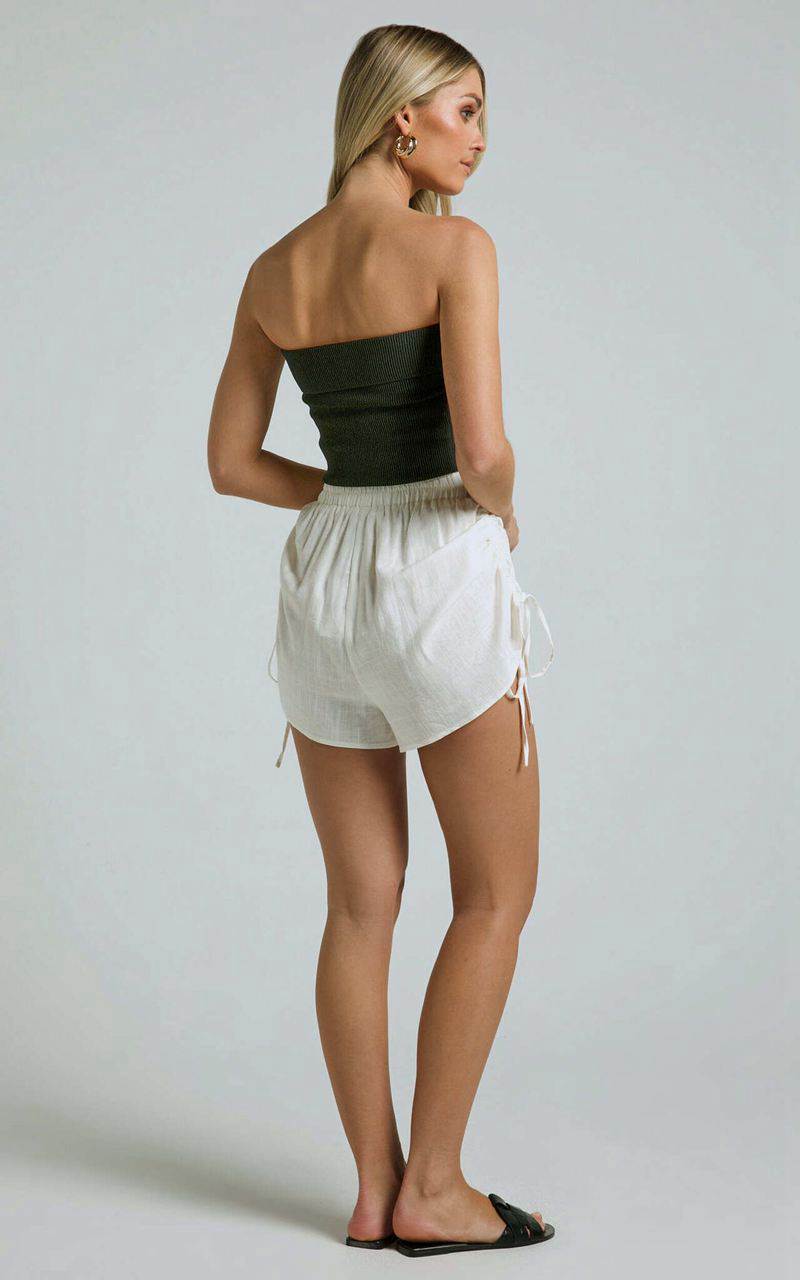 Showpo Dexie Shorts - Linen Look Elastic High Waisted Ruched Tie Shorts White | DYSAQH214