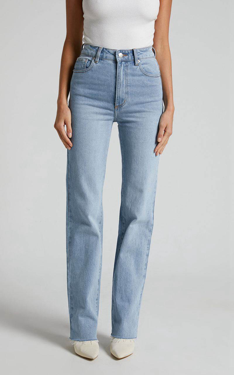 Showpo Dexter Jeans - High Waisted Straight Leg Denim Jeans Mid Blue Wash | LHVBTS271