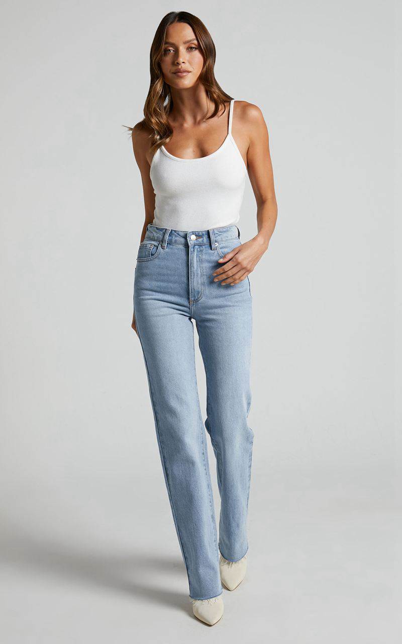 Showpo Dexter Jeans - High Waisted Straight Leg Denim Jeans Mid Blue Wash | LHVBTS271