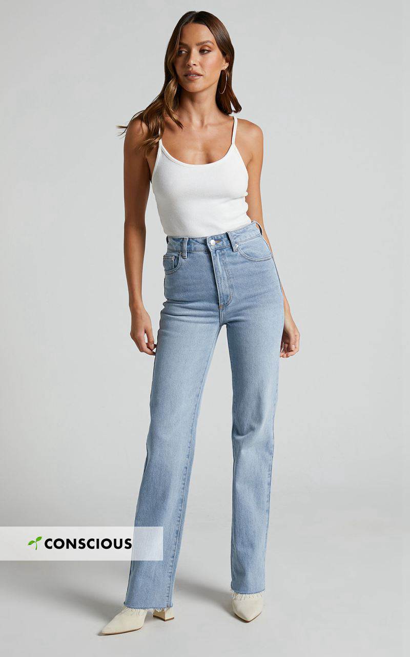 Showpo Dexter Jeans - High Waisted Straight Leg Denim Jeans Mid Blue Wash | LHVBTS271