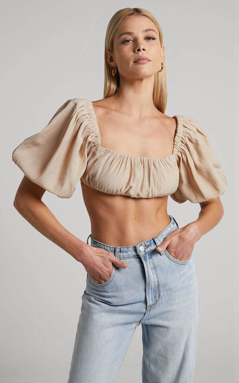 Showpo Dhalia Top - Ruched Puff Sleeve Crop Top Sand | VSFHYE203