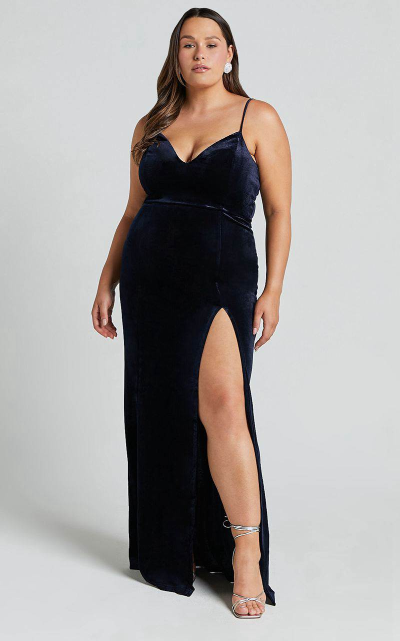 Showpo Diamona Midi Dress - Velvet Thigh Split V Neck Dress Navy | AWOMGS349