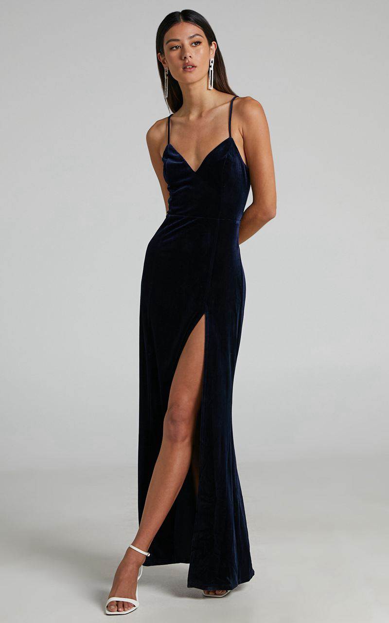 Showpo Diamona Midi Dress - Velvet Thigh Split V Neck Dress Navy | AWOMGS349