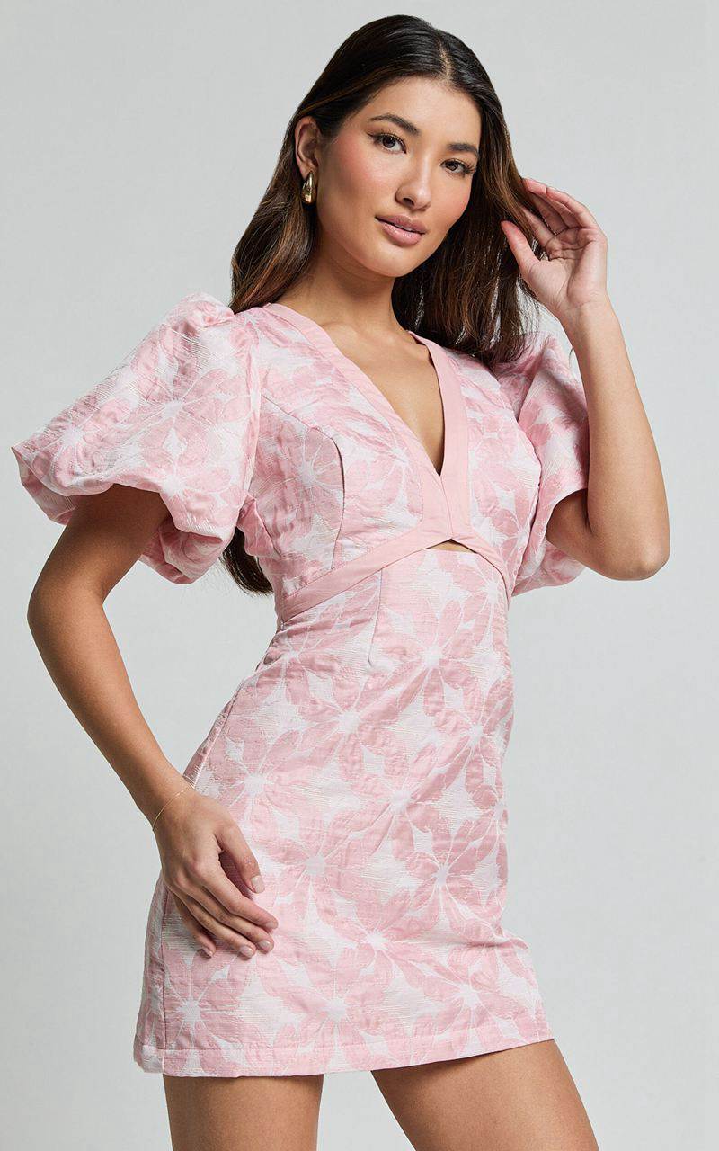 Showpo Diana Mini Dress - Jacquard Short Sleeve Cut Out Dress Light Pink | JIPDBV156