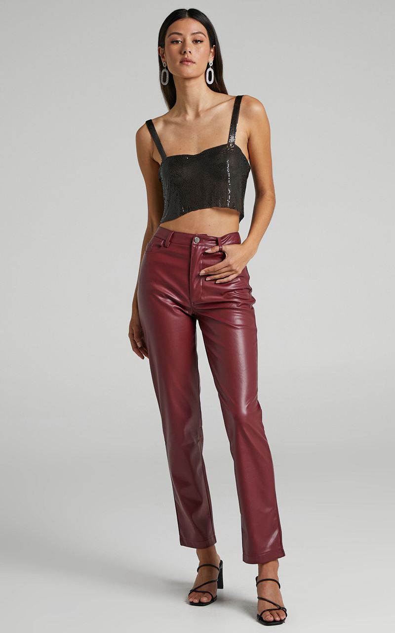 Showpo Dilyene Pants - Mid Waist Straight Leg Faux Leather Pants Wine | QDLWCK129