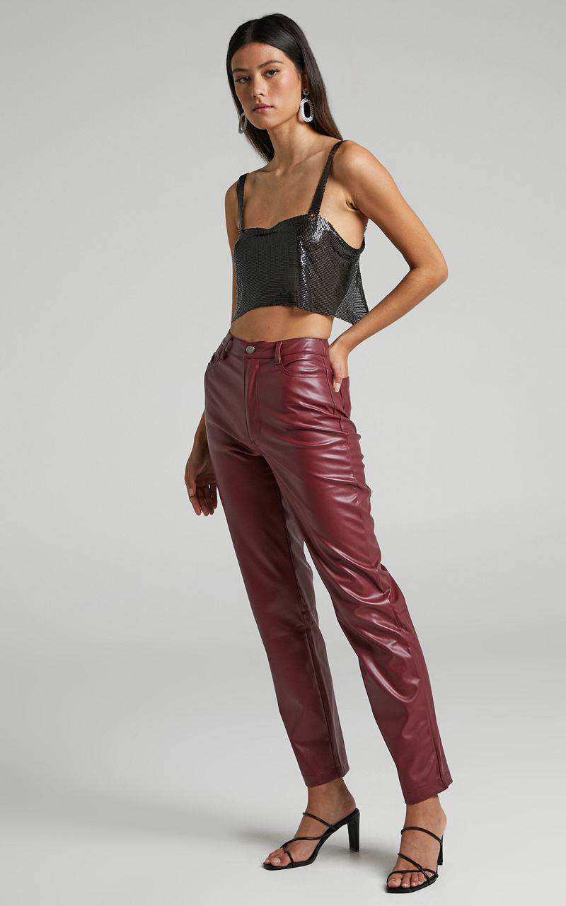 Showpo Dilyene Pants - Mid Waist Straight Leg Faux Leather Pants Wine | QDLWCK129