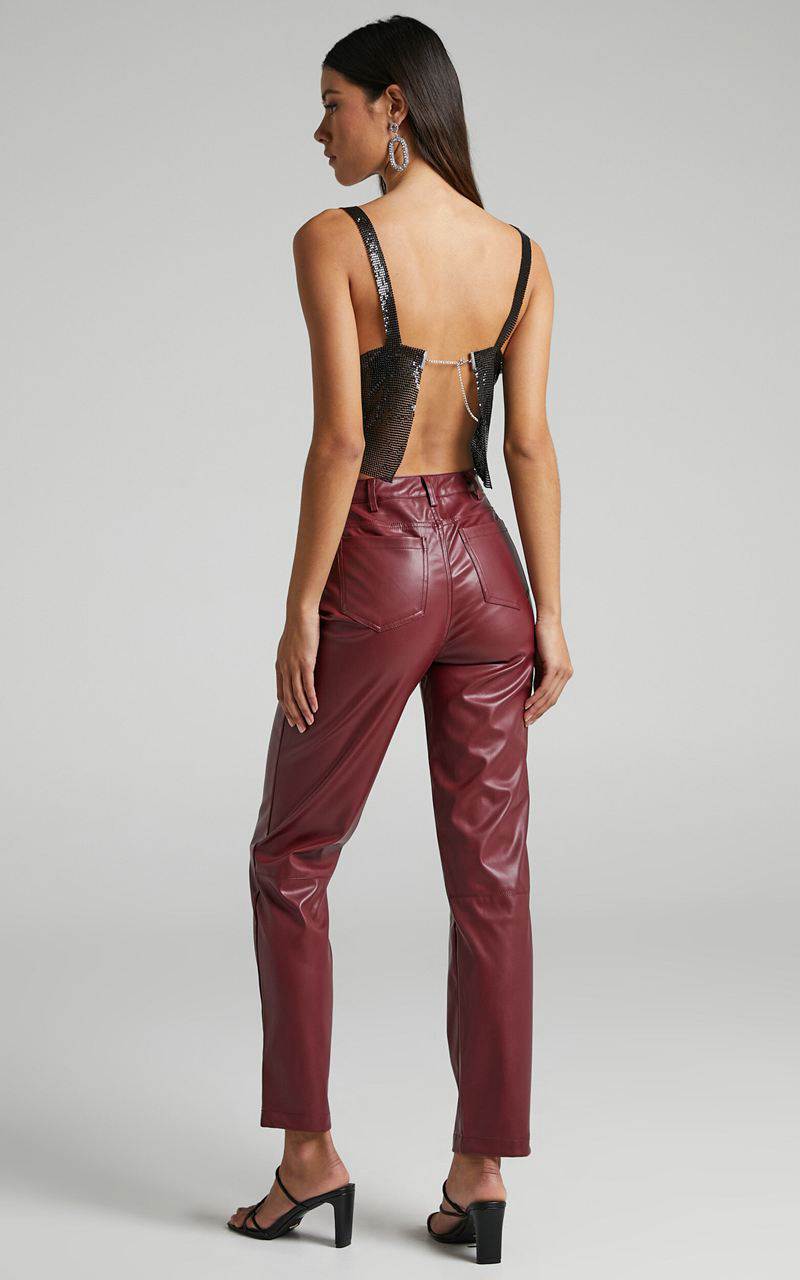 Showpo Dilyene Pants - Mid Waist Straight Leg Faux Leather Pants Wine | QDLWCK129