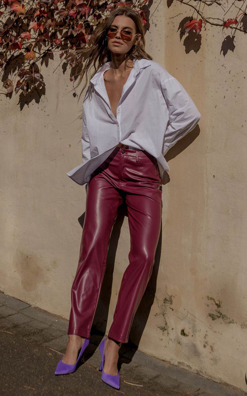 Showpo Dilyene Pants - Mid Waist Straight Leg Faux Leather Pants Wine | QDLWCK129