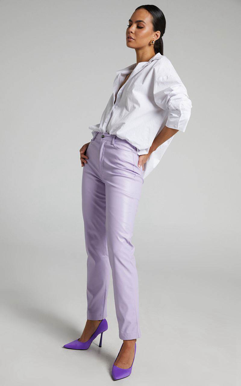 Showpo Dilyene Pants - Mid Waist Straight Leg Faux Leather Pants Lilac | YGTIEN201