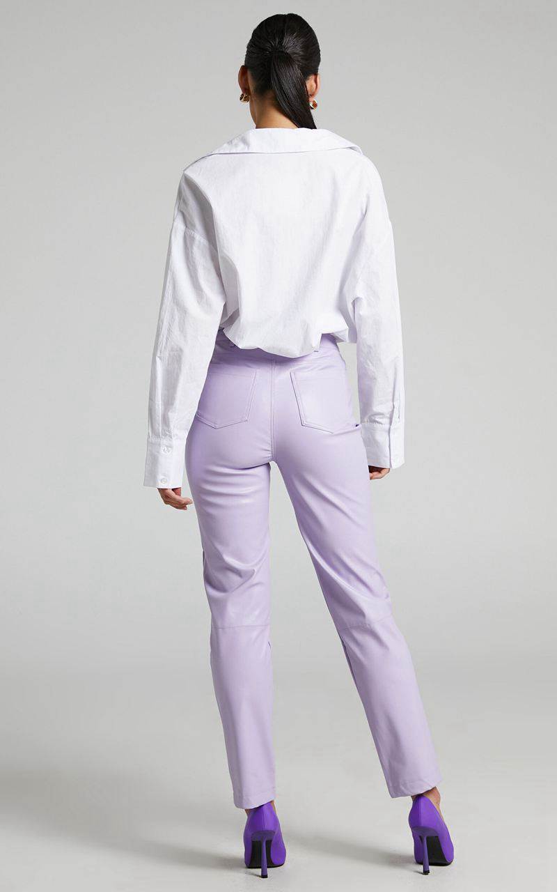 Showpo Dilyene Pants - Mid Waist Straight Leg Faux Leather Pants Lilac | YGTIEN201