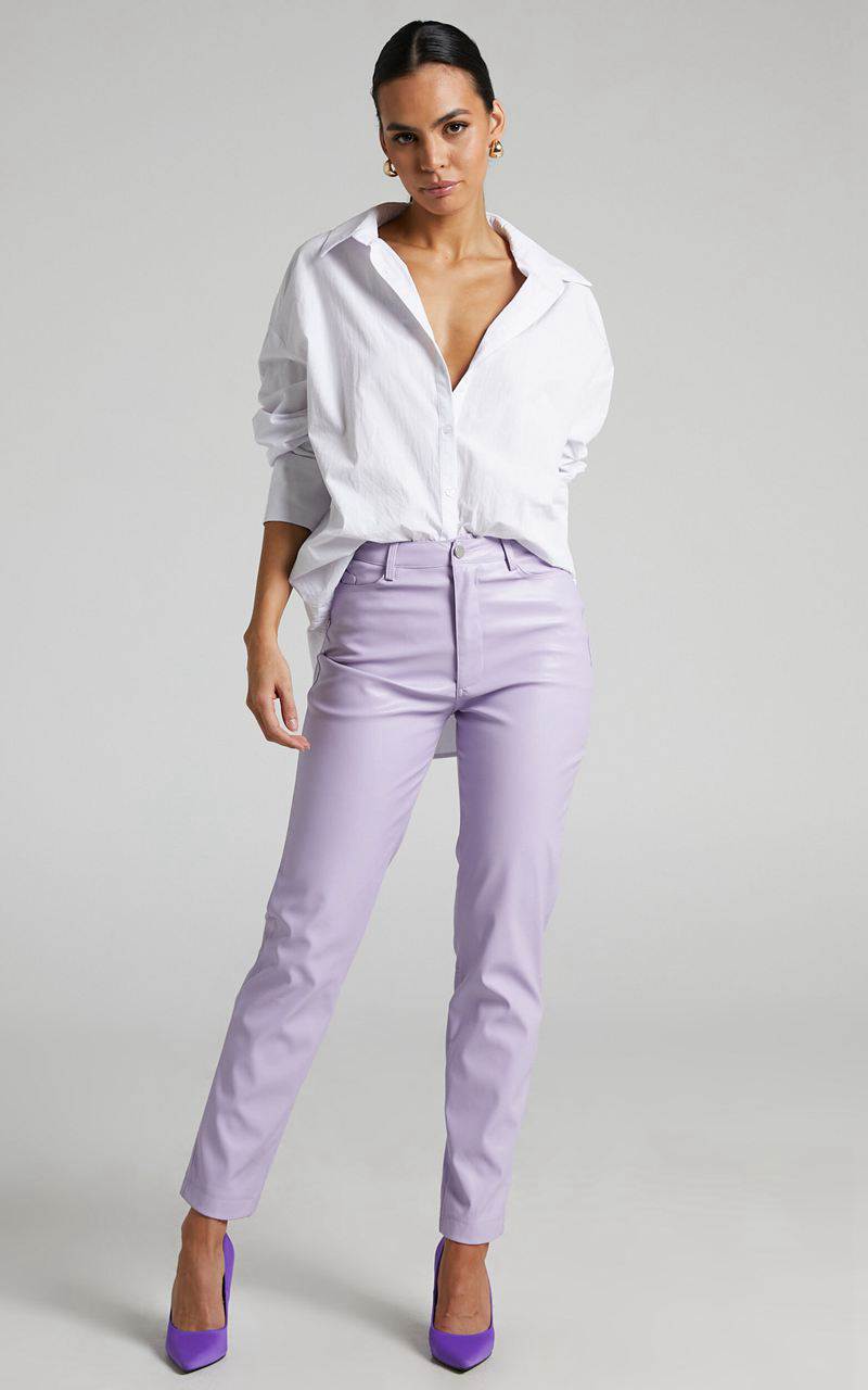 Showpo Dilyene Pants - Mid Waist Straight Leg Faux Leather Pants Lilac | YGTIEN201