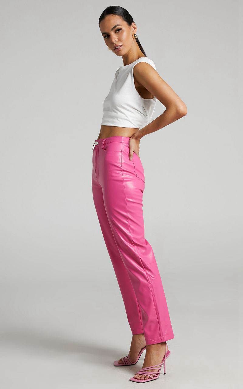 Showpo Dilyene Pants - Mid Waist Straight Leg Faux Leather Pants Hot Pink | GNCILV168