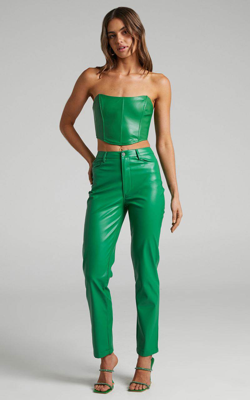 Showpo Dilyene Pants - Mid Waist Straight Leg Faux Leather Pants Green | LRCUXB894