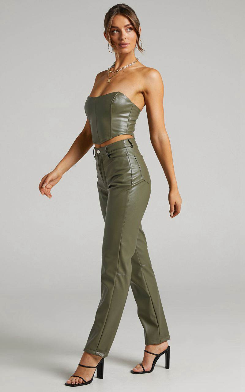 Showpo Dilyenne Pant - Mid Waist Straight Leg Faux Leather Pant Olive | CESYQV308