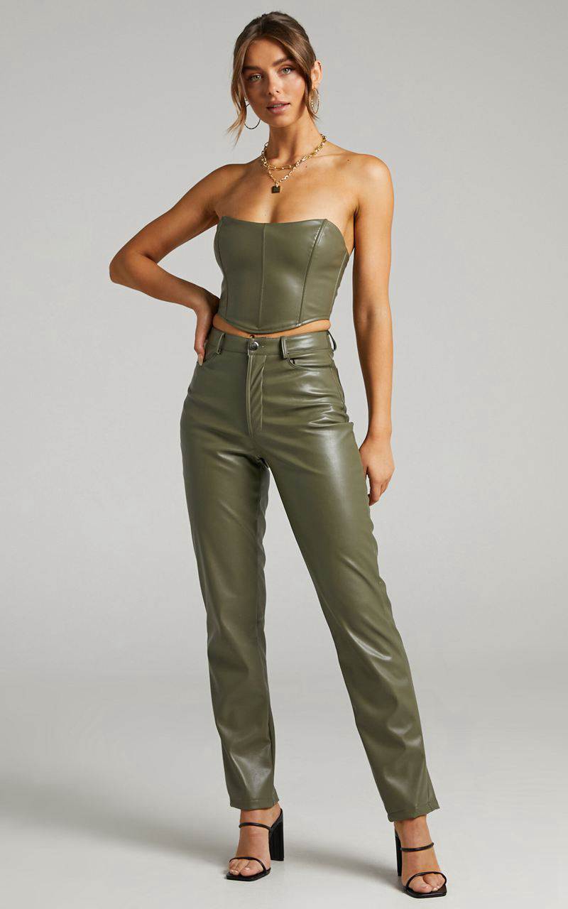 Showpo Dilyenne Pant - Mid Waist Straight Leg Faux Leather Pant Olive | CESYQV308