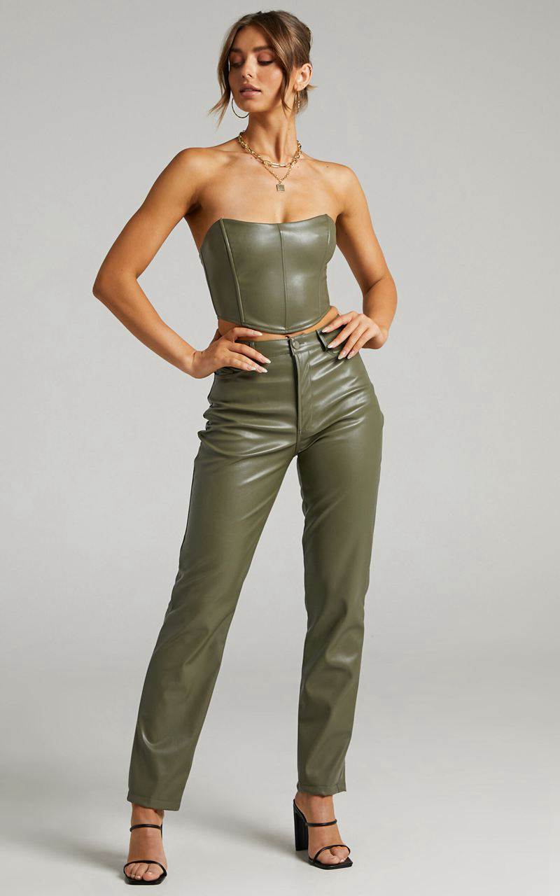 Showpo Dilyenne Pant - Mid Waist Straight Leg Faux Leather Pant Olive | CESYQV308