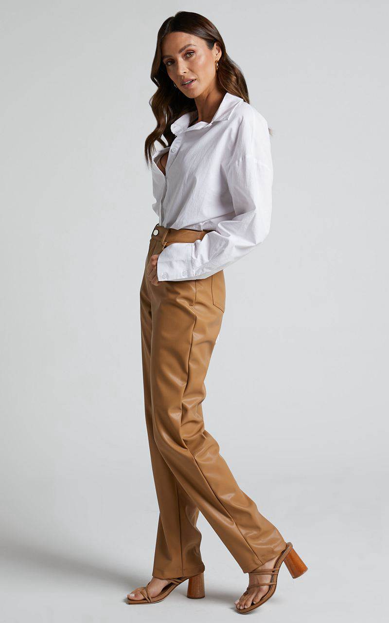 Showpo Dilyenne Pant - Mid Waist Straight Leg Faux Leather Pant Beige | TUFYEK286