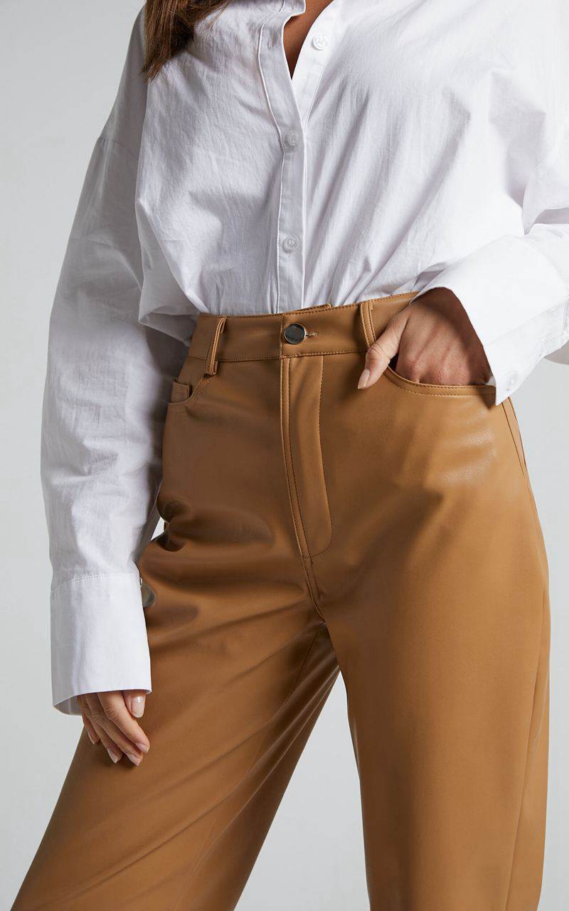 Showpo Dilyenne Pant - Mid Waist Straight Leg Faux Leather Pant Beige | TUFYEK286