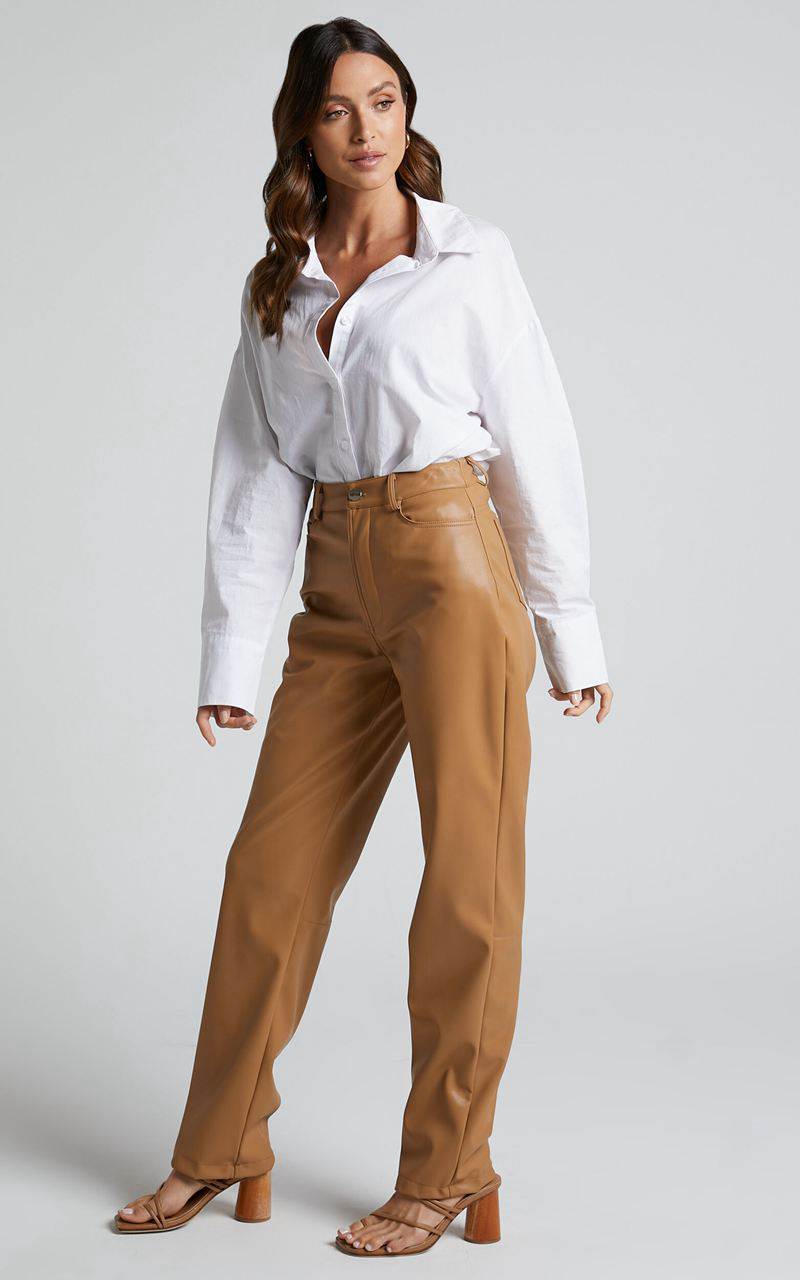 Showpo Dilyenne Pant - Mid Waist Straight Leg Faux Leather Pant Beige | TUFYEK286