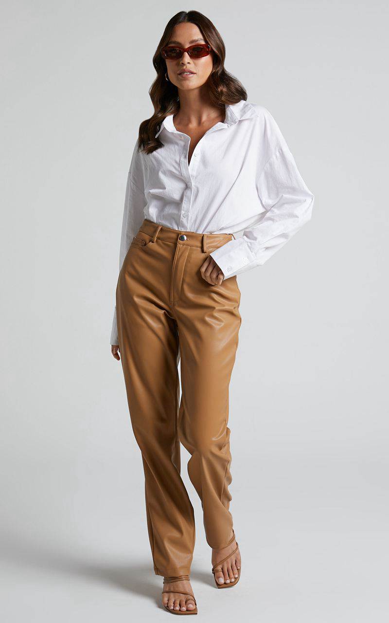 Showpo Dilyenne Pant - Mid Waist Straight Leg Faux Leather Pant Beige | TUFYEK286