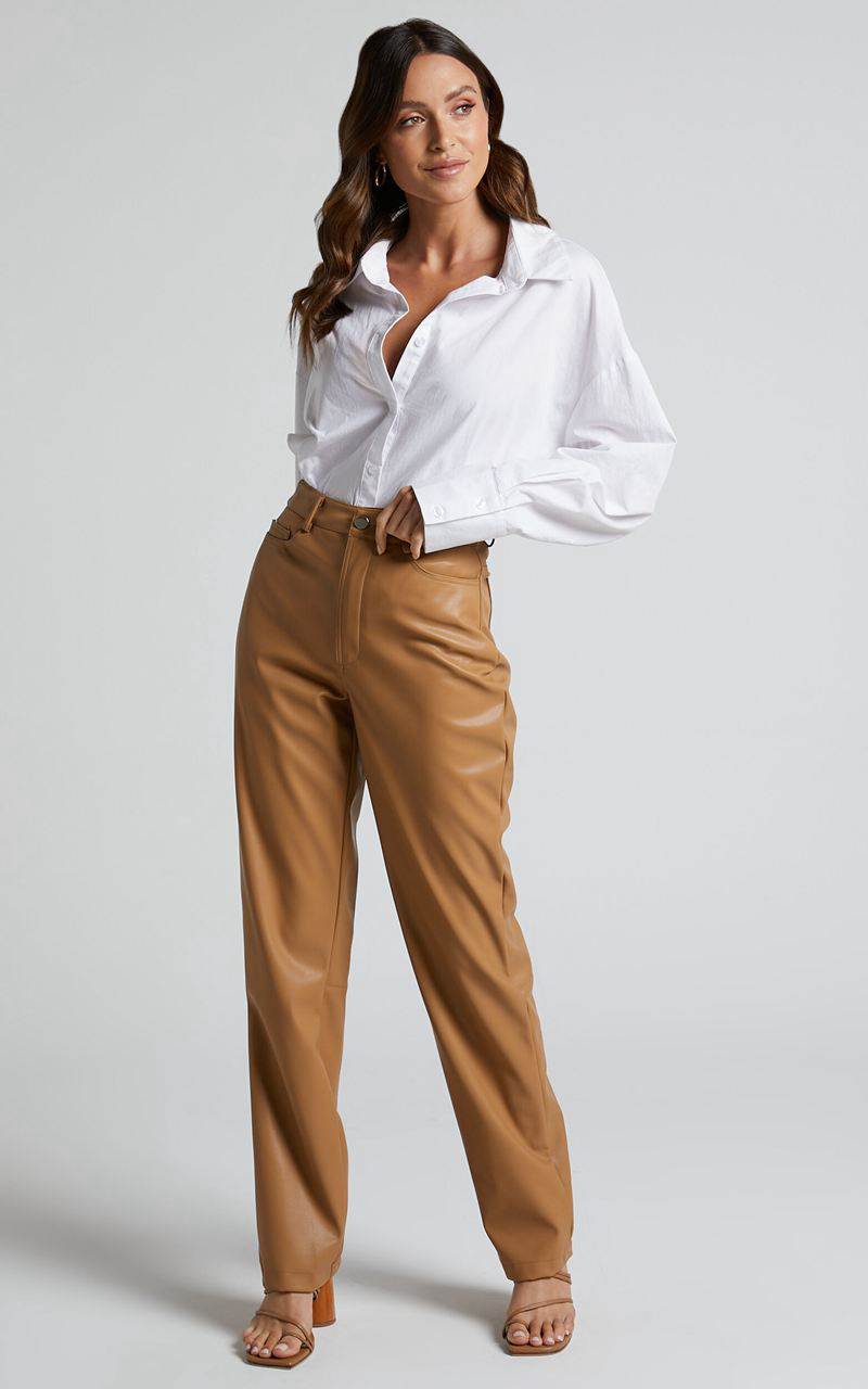 Showpo Dilyenne Pant - Mid Waist Straight Leg Faux Leather Pant Beige | TUFYEK286