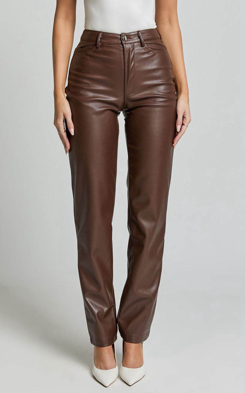 Showpo Dilyenne Pant - Mid Waist Straight Leg Faux Leather Pant Chocolate | HRTJCG954