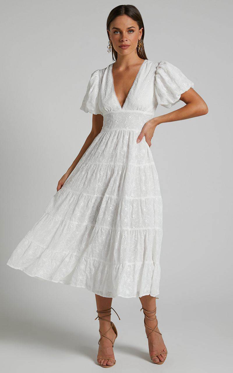 Showpo Divora Midi Dress - Plunge Balloon Sleeve Tiered Dress Ivory | YMDLVZ027