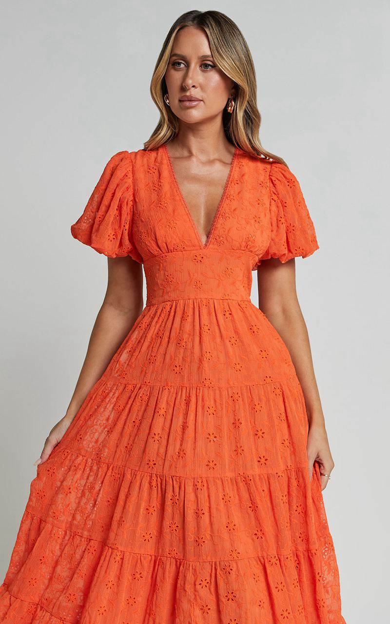 Showpo Divora Midi Dress - Plunge Balloon Sleeve Tiered Dress Orange | CZRBIG347