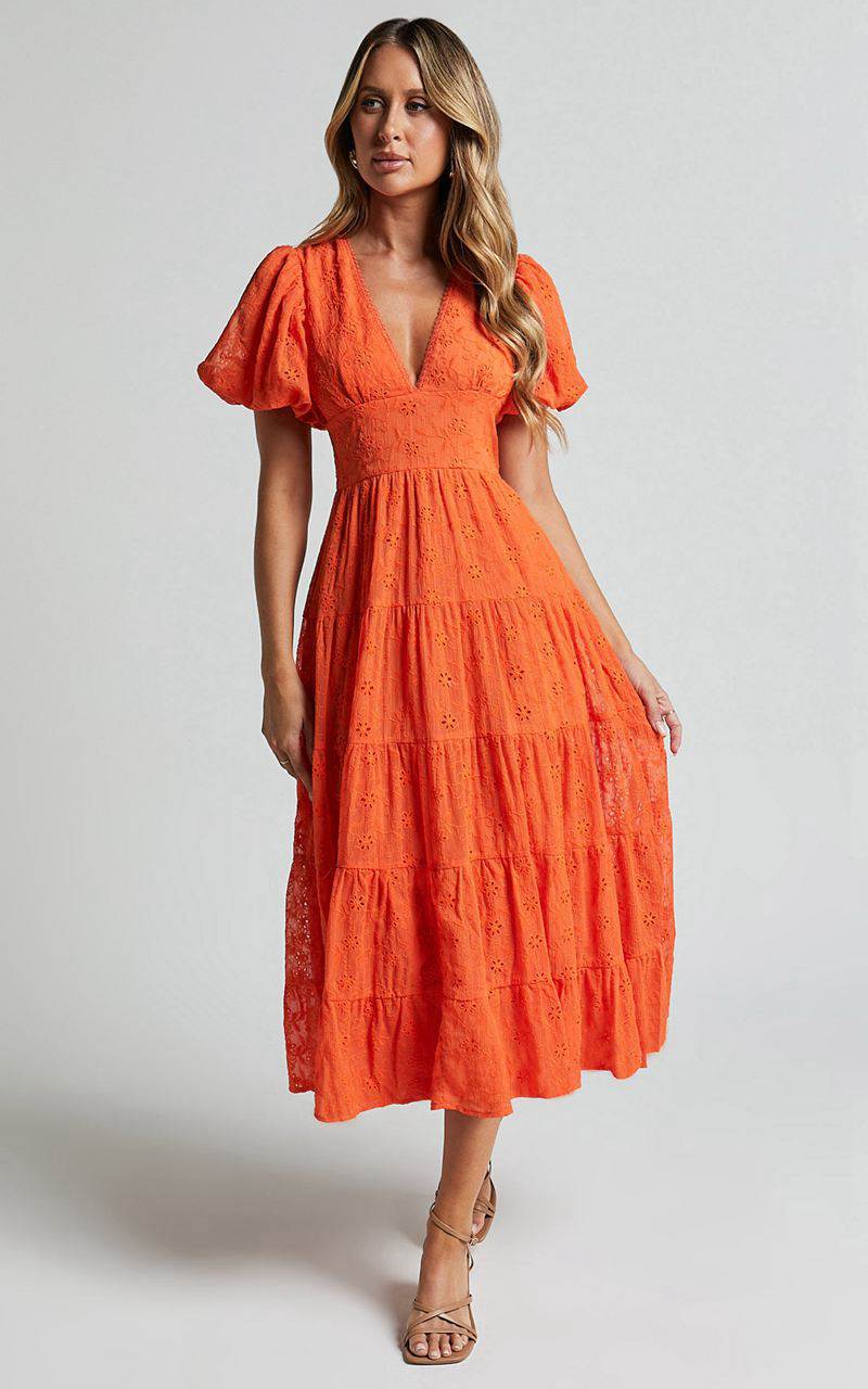 Showpo Divora Midi Dress - Plunge Balloon Sleeve Tiered Dress Orange | CZRBIG347