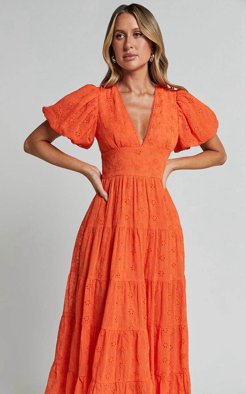 Showpo Divora Midi Dress - Plunge Balloon Sleeve Tiered Dress Orange | CZRBIG347