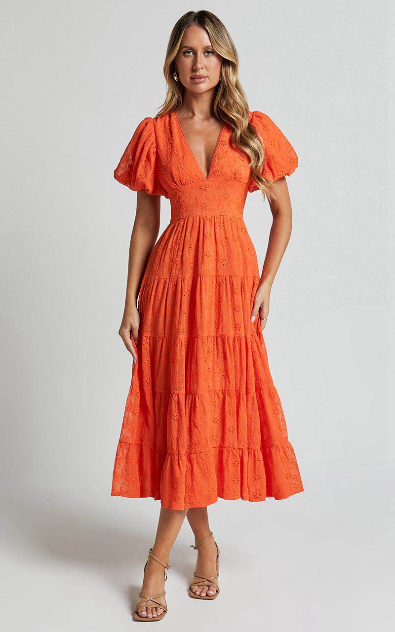 Showpo Divora Midi Dress - Plunge Balloon Sleeve Tiered Dress Orange | CZRBIG347