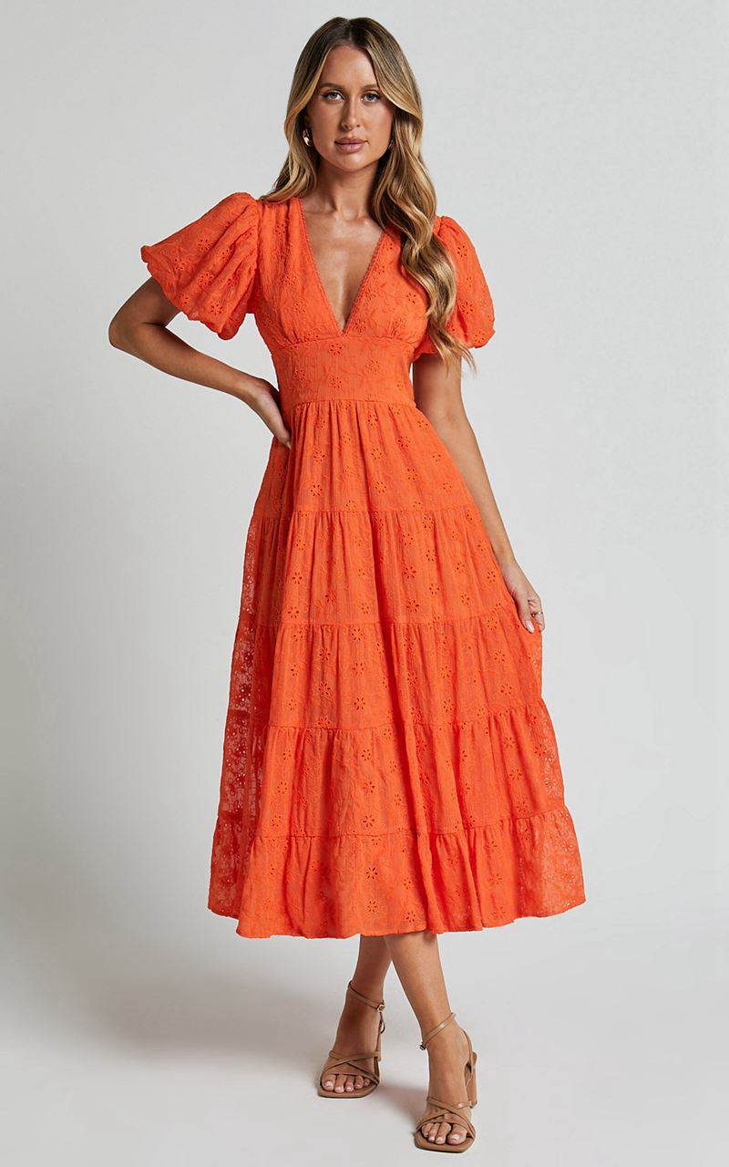 Showpo Divora Midi Dress - Plunge Balloon Sleeve Tiered Dress Orange | CZRBIG347