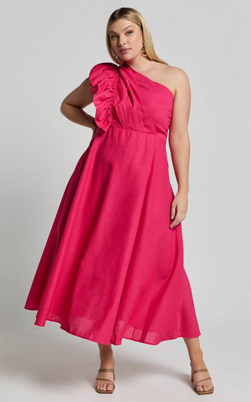 Showpo Dixie Midi Dress - Linen Look One Shoulder Ruffle Dress Raspberry | FLTKIB912