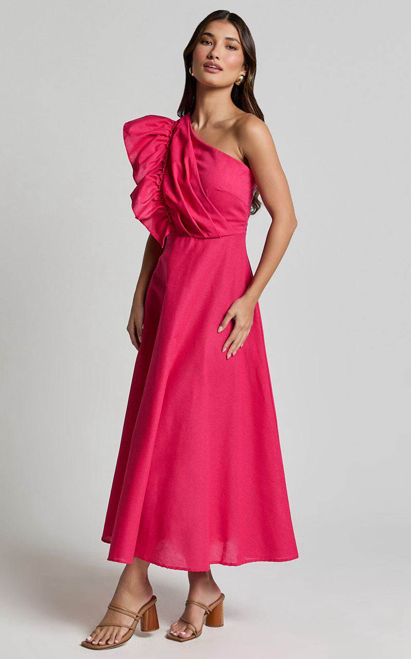 Showpo Dixie Midi Dress - Linen Look One Shoulder Ruffle Dress Raspberry | FLTKIB912